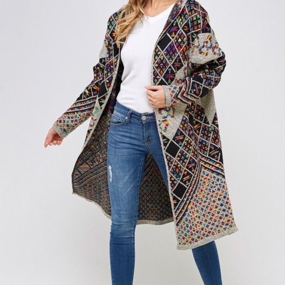 new  ON BLUE SWEATER Yellowstone CARDIGAN BOHO WESTERN AZTEC rainbow DUSTER S-3X - Picture 7 of 9